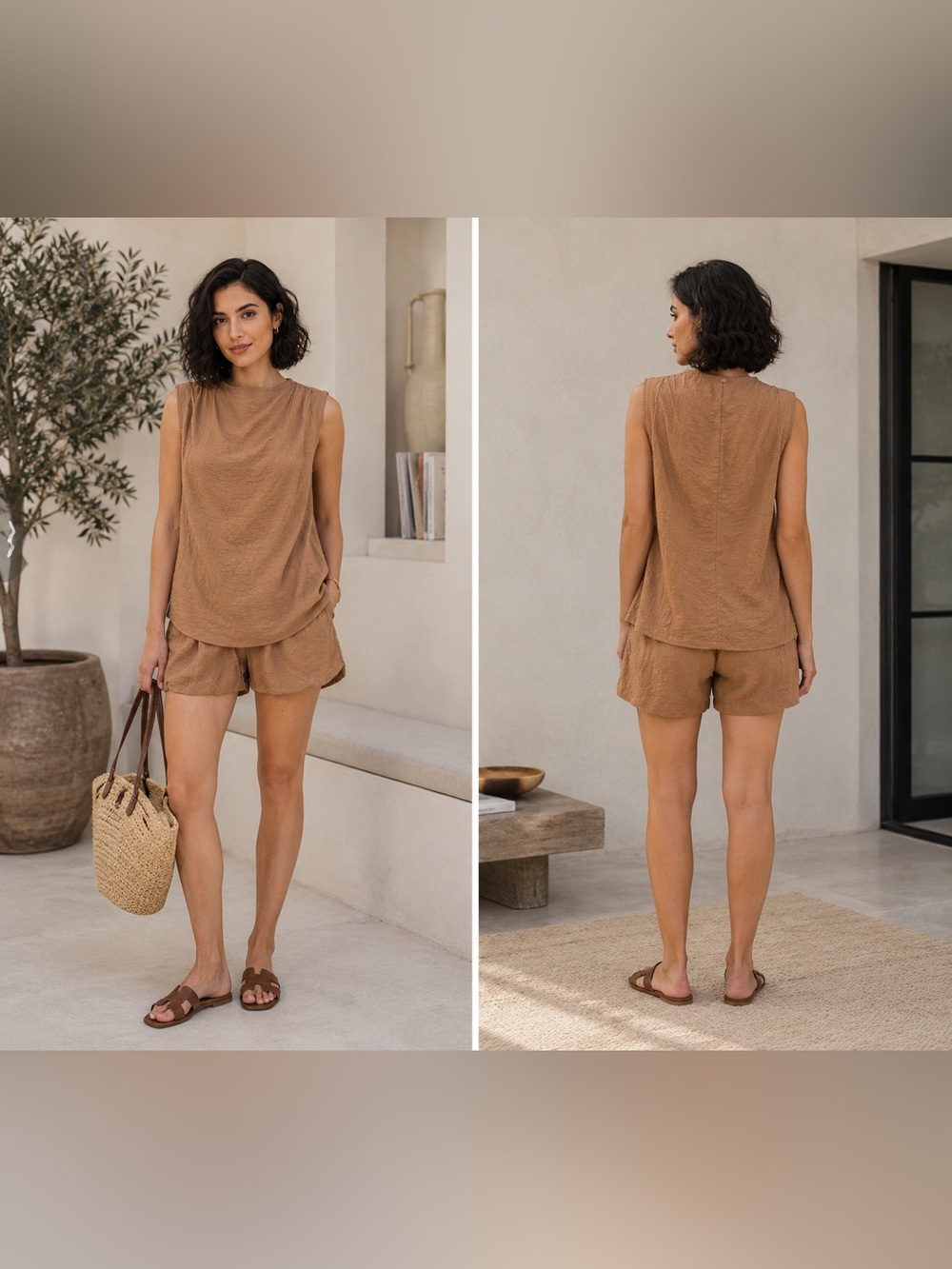 Women's Tan Sleeveless Lounge Top & Shorts Set